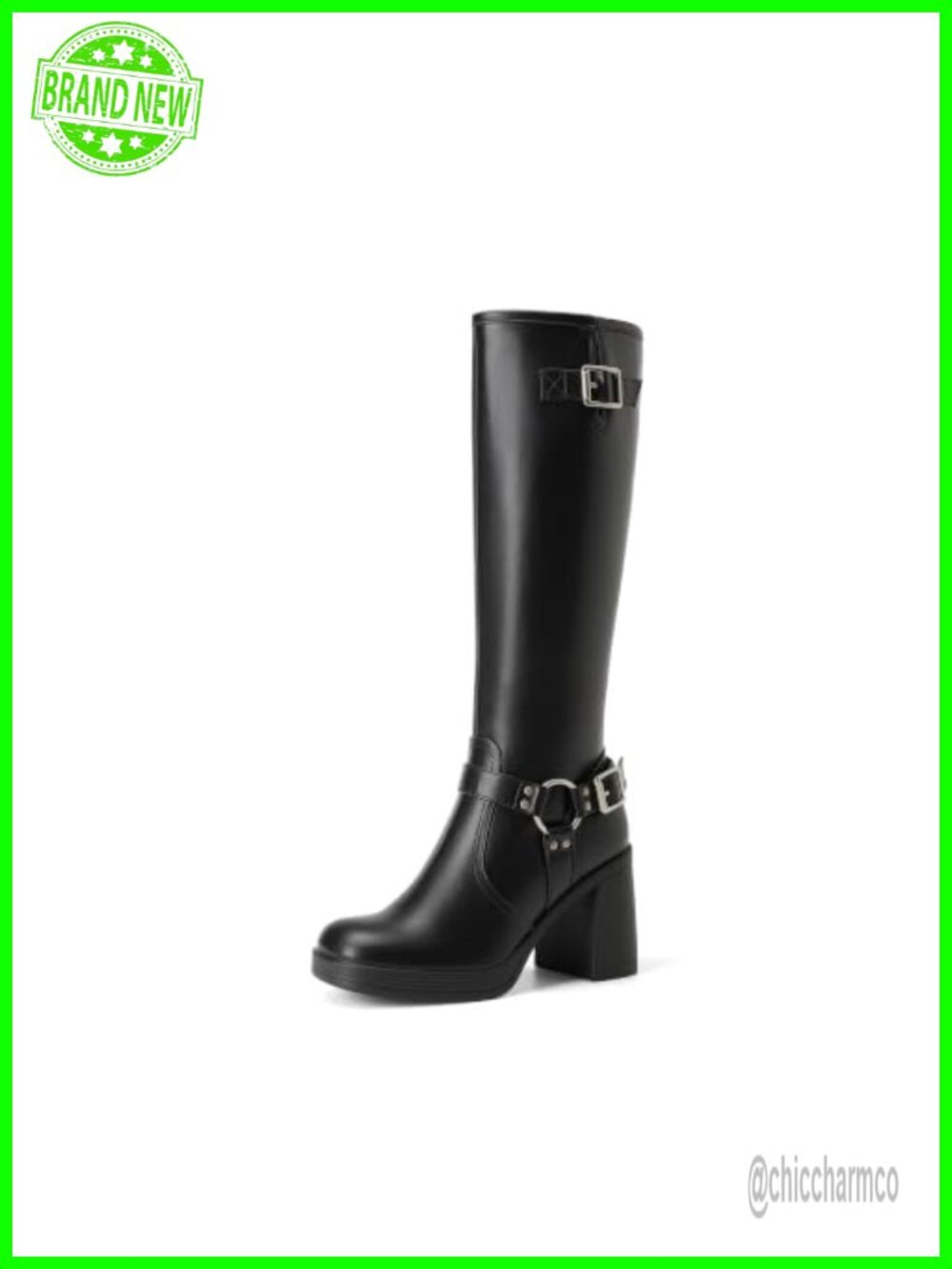 Women's Platform Chunky Knee High Moto Boots Faux Leather Block Heel